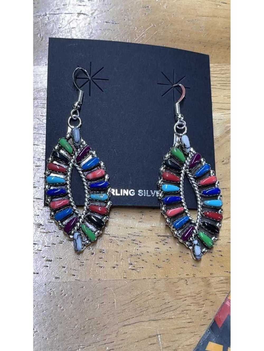 Navajo sterling silver design multi stone cluster dangle earrings -Tamara